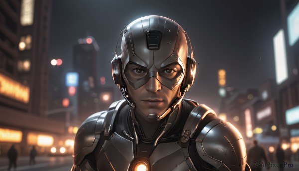 solo,looking at viewer,1boy,brown eyes,upper body,male focus,outdoors,solo focus,armor,blurry,lips,night,depth of field,blurry background,helmet,building,science fiction,city,realistic,cyborg,power armor,cyberpunk,1girl,short hair,bodysuit,mask,portrait,headset,backlighting,serious,power suit