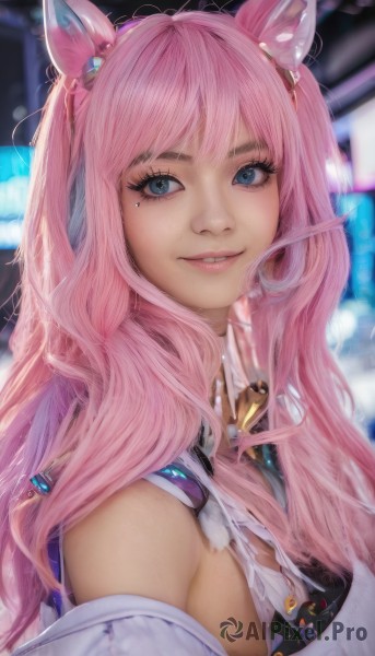 1girl,solo,long hair,breasts,looking at viewer,smile,bangs,blue eyes,animal ears,bare shoulders,upper body,pink hair,parted lips,teeth,virtual youtuber,off shoulder,mole,blurry,lips,fox ears,mole under eye,blurry background,realistic,hair ornament,jewelry,two side up,torn clothes,eyelashes,horse ears,nose