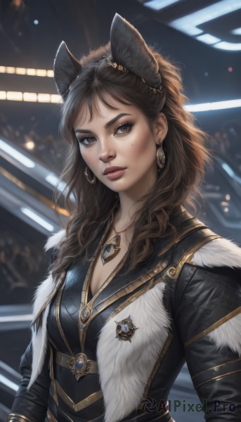 1girl,solo,long hair,breasts,looking at viewer,brown hair,long sleeves,animal ears,cleavage,brown eyes,jewelry,medium breasts,closed mouth,upper body,earrings,cat ears,necklace,mole,blurry,lips,fur trim,mole under eye,blurry background,pendant,freckles,curly hair,realistic,nose,bangs,black hair,artist name,makeup,fake animal ears,wolf ears