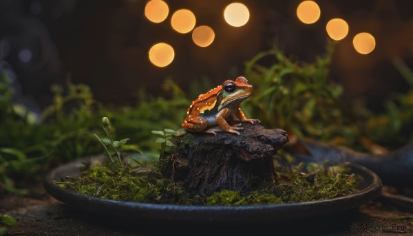 outdoors,blurry,black eyes,pokemon (creature),no humans,depth of field,blurry background,animal,grass,plant,rock,mushroom,animal focus,moss,day,water,from side,nature,scenery,bowl,realistic,frog