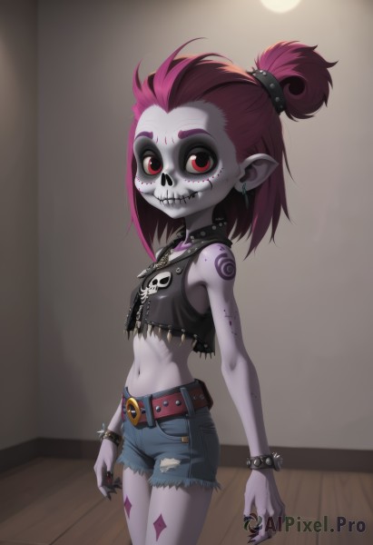 1girl,solo,looking at viewer,short hair,shirt,red eyes,navel,bare shoulders,jewelry,standing,pink hair,red hair,cowboy shot,earrings,shorts,teeth,sleeveless,pointy ears,midriff,belt,indoors,necklace,nail polish,vest,flat chest,collar,bracelet,from side,crop top,fingernails,torn clothes,black shirt,short shorts,tattoo,colored skin,piercing,denim,sharp teeth,ear piercing,pale skin,black nails,buckle,spikes,denim shorts,skull,black vest,belt buckle,sharp fingernails,stitches,spiked bracelet,cutoffs,grey skin,spiked collar,purple skin,topknot,zombie,gothic,skull earrings,skull print,studded bracelet,moon,full moon,wooden floor,black collar,hair pulled back,torn