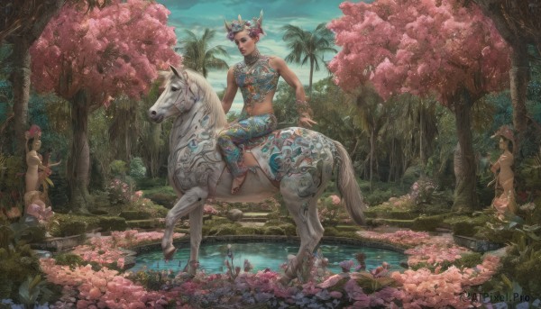 1girl,solo,short hair,hair ornament,navel,jewelry,sitting,flower,outdoors,sky,day,midriff,hair flower,water,necklace,tree,animal,cherry blossoms,nature,scenery,forest,realistic,fantasy,riding,horse,unicorn,breasts,multiple girls,brown hair,barefoot,cloud,bracelet,blue sky,river,taur,lotus,horseback riding,centaur