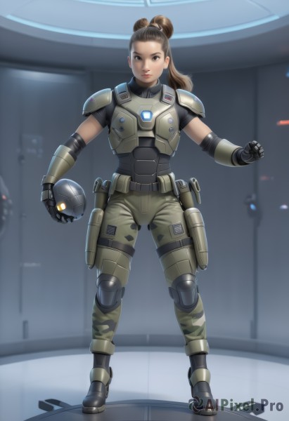 1girl,solo,long hair,looking at viewer,smile,brown hair,gloves,holding,brown eyes,standing,full body,ponytail,weapon,boots,belt,pants,indoors,hair bun,armor,uniform,lips,gun,military,military uniform,helmet,clenched hand,headwear removed,science fiction,pouch,breastplate,realistic,holster,knee pads,animification,shoulder pads,camouflage,hair pulled back,elbow pads,helmet removed,shoulder armor,handgun,hallway