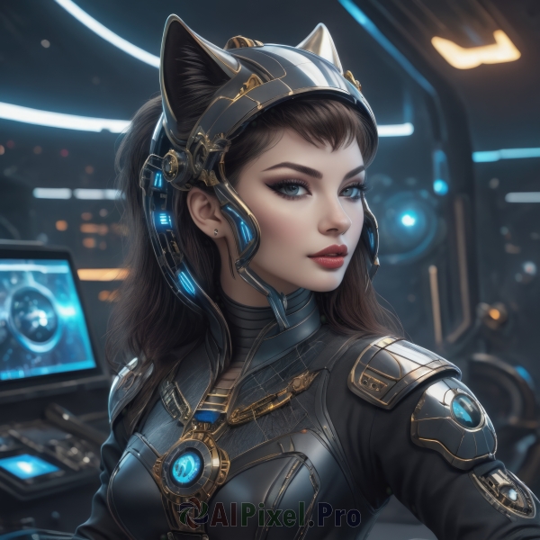 1girl,solo,long hair,breasts,looking at viewer,blue eyes,brown hair,black hair,animal ears,jewelry,medium breasts,upper body,earrings,parted lips,artist name,cat ears,armor,blurry,lips,eyelashes,bodysuit,makeup,blurry background,fake animal ears,headgear,lipstick,eyeshadow,science fiction,realistic,nose,red lips,stud earrings,cyberpunk,ponytail,signature,official alternate costume,helmet,eyeliner,earpiece