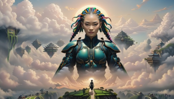 1girl,solo,jewelry,standing,closed eyes,braid,white hair,multicolored hair,earrings,outdoors,sky,cloud,armor,lips,makeup,bird,cloudy sky,shoulder armor,scenery,mountain,fantasy,sun,giant,architecture,east asian architecture,giantess,dreadlocks,floating island,airship,1boy,upper body,dark skin,dark-skinned female,moon,ground vehicle,motor vehicle,realistic,aircraft