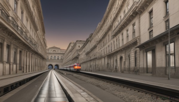 outdoors,sky,no humans,window,night,ground vehicle,building,scenery,motor vehicle,stairs,city,car,road,bridge,lamppost,street,crosswalk,real world location,evening,vanishing point