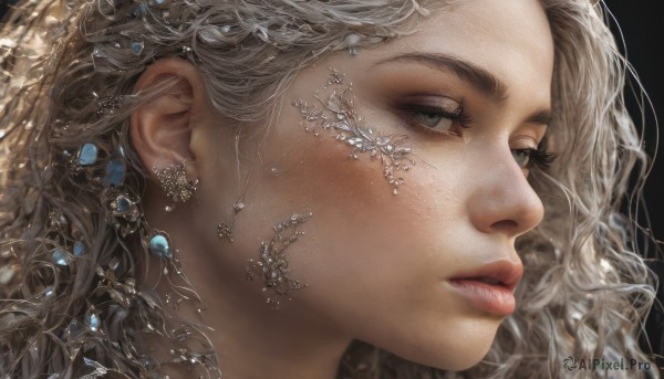 1girl,solo,long hair,blonde hair,simple background,jewelry,grey hair,earrings,parted lips,lips,grey eyes,eyelashes,wavy hair,looking away,black background,gem,portrait,close-up,freckles,crystal,realistic,nose,red lips,looking at viewer,makeup