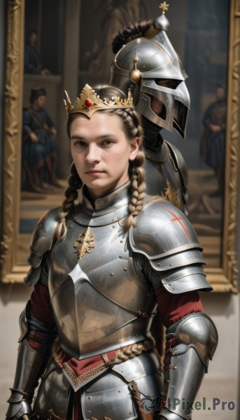 1girl,solo,long hair,looking at viewer,blue eyes,blonde hair,brown hair,holding,closed mouth,standing,weapon,braid,cowboy shot,solo focus,armor,blurry,twin braids,lips,blurry background,helmet,crown,shoulder armor,gauntlets,headwear removed,freckles,pauldrons,breastplate,faulds,knight,full armor,helmet removed,helm,chainmail,plate armor,black hair,sword,holding weapon,holding sword,serious,realistic,painting (object),portrait (object)