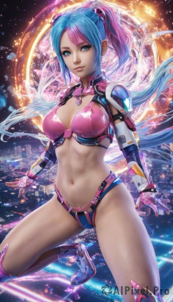 1girl,solo,long hair,breasts,looking at viewer,blue eyes,large breasts,hair ornament,gloves,navel,cleavage,twintails,medium breasts,very long hair,blue hair,ponytail,pink hair,thighs,multicolored hair,boots,midriff,stomach,armor,high heels,two-tone hair,lips,abs,cleavage cutout,science fiction,toned,realistic,nose,bikini armor,smile,bangs,thighhighs,ribbon,closed mouth,swimsuit,hair ribbon,bikini,artist name,fingerless gloves,watermark,pink bikini,pink gloves