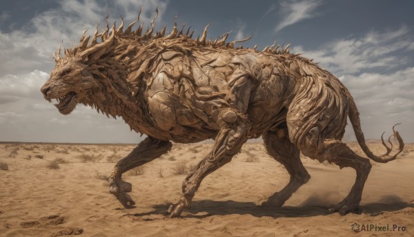 solo,open mouth,standing,tail,outdoors,sky,teeth,day,artist name,cloud,signature,no humans,animal,fangs,cloudy sky,sharp teeth,claws,spikes,science fiction,monster,realistic,sand,desert,dust,dinosaur,monochrome,horns,from side,dragon