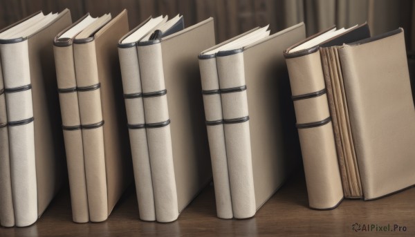 indoors,blurry,book,no humans,depth of field,blurry background,table,wooden floor,paper,scroll,still life,wooden table,wood,floating,open book,realistic,book stack,reflective floor