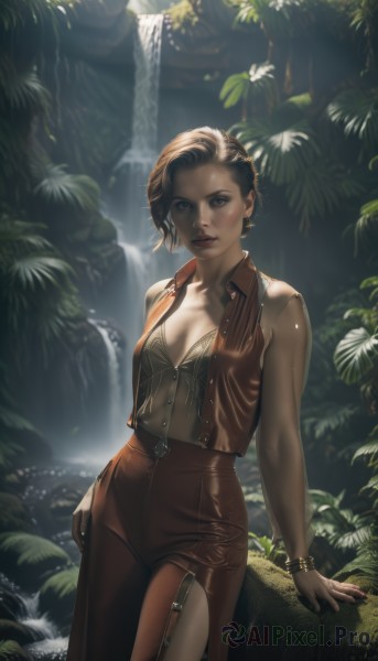 1girl,solo,breasts,looking at viewer,short hair,skirt,brown hair,cleavage,bare shoulders,brown eyes,jewelry,medium breasts,standing,earrings,small breasts,outdoors,parted lips,open clothes,sleeveless,pants,artist name,water,vest,bracelet,tree,lips,wet,makeup,arm support,leaf,plant,nature,freckles,rock,realistic,nose,brown vest,waterfall,shirt,collarbone,nail polish,brown shirt,brown pants,open vest