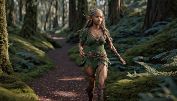 1girl,solo,long hair,breasts,dress,cleavage,brown eyes,jewelry,medium breasts,braid,grey hair,boots,outdoors,pointy ears,belt,dark skin,necklace,blurry,twin braids,dark-skinned female,tree,lips,knee boots,elf,nature,forest,walking,realistic,nose,bracer,blonde hair,white hair,bracelet,hand on hip,path