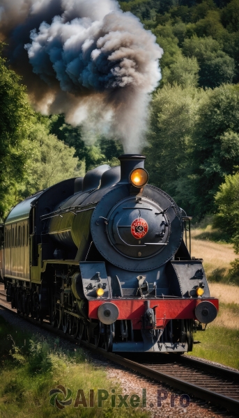 outdoors,multiple boys,sky,day,cloud,tree,military,no humans,grass,ground vehicle,nature,scenery,motor vehicle,forest,smoke,emblem,military vehicle,tank,vehicle focus,train,caterpillar tracks,railroad tracks,weapon,2boys,uniform,helmet,robot,mecha,science fiction,realistic