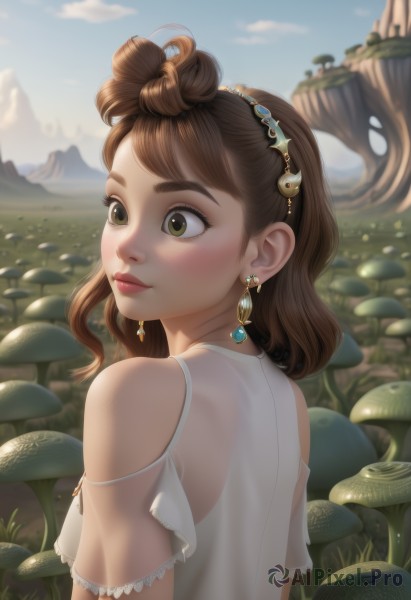 1girl,solo,long hair,blush,smile,brown hair,shirt,hair ornament,dress,bare shoulders,brown eyes,jewelry,closed mouth,green eyes,white shirt,upper body,short sleeves,hairband,earrings,outdoors,sky,day,looking back,cloud,medium hair,necklace,from behind,blurry,blue sky,lips,see-through,blurry background,grass,nature,mountain,nose,mushroom,short hair,bangs,artist name,thick eyebrows,crescent,gem,realistic,shoulder cutout