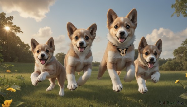 looking at viewer,open mouth,flower,outdoors,sky,day,tongue,cloud,tongue out,black eyes,tree,blue sky,no humans,animal,sunlight,cloudy sky,grass,plant,scenery,dog,realistic,yellow flower,sun,animal focus,shiba inu,signature,fangs,nature,forest,walking,running,field