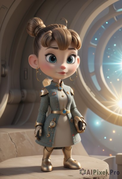 1girl,solo,looking at viewer,blush,smile,short hair,blue eyes,brown hair,gloves,long sleeves,dress,jewelry,closed mouth,standing,full body,earrings,boots,belt,artist name,indoors,hair bun,chibi,armor,lips,coat,single hair bun,hoop earrings,steampunk,ahoge