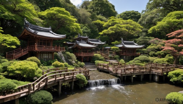 outdoors,sky,day,cloud,water,tree,blue sky,no humans,grass,building,nature,scenery,forest,architecture,bridge,east asian architecture,river,waterfall,real world location,railing,bush