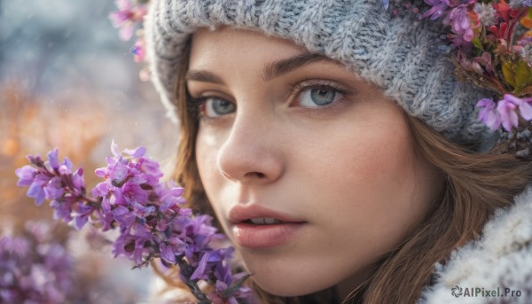 1girl, solo, long hair, blue eyes, blonde hair, brown hair, hat, flower, parted lips, blurry, lips, portrait, close-up, realistic, nose