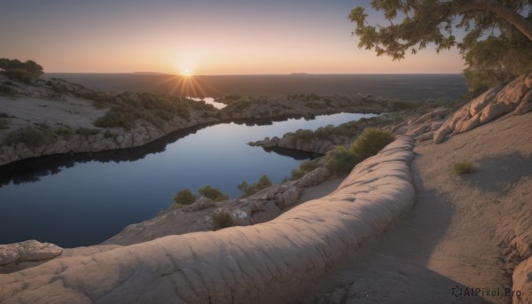 A majestic sunset outdoors featuring a landscape