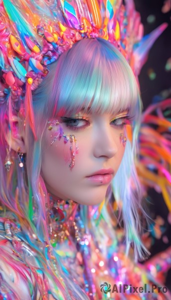 1girl,solo,long hair,looking at viewer,blush,bangs,hair ornament,jewelry,closed mouth,blue hair,upper body,pink hair,multicolored hair,earrings,blunt bangs,mole,blurry,black eyes,lips,grey eyes,eyelashes,aqua hair,gradient hair,makeup,depth of field,blurry background,piercing,crown,lipstick,gem,portrait,mole under mouth,eyeshadow,nose,eyeliner,colorful,mascara,rainbow hair,blue eyes,white hair,necklace,facial mark,crystal,pink lips