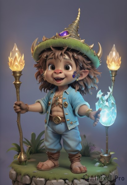 solo,looking at viewer,smile,open mouth,brown hair,1boy,hat,navel,holding,brown eyes,jewelry,standing,full body,male focus,earrings,open clothes,horns,pointy ears,belt,pants,dark skin,bracelet,witch hat,sandals,thick eyebrows,grass,staff,crystal,fantasy,holding staff,blue pants,magic,faux figurine,goblin,jacket,boots,barefoot,teeth,necklace,chibi,open shirt,fangs,piercing,abs,dark-skinned male,pectorals,gem,furry,topless male,furry male,brown fur,nose piercing