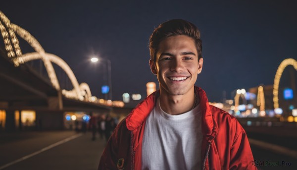 solo,looking at viewer,smile,short hair,brown hair,shirt,black hair,1boy,jacket,white shirt,upper body,male focus,outdoors,open clothes,teeth,grin,blurry,black eyes,open jacket,night,depth of field,blurry background,t-shirt,night sky,grey shirt,red jacket,realistic,lamppost,photo background,ferris wheel,sky,facial hair,meme,leather jacket