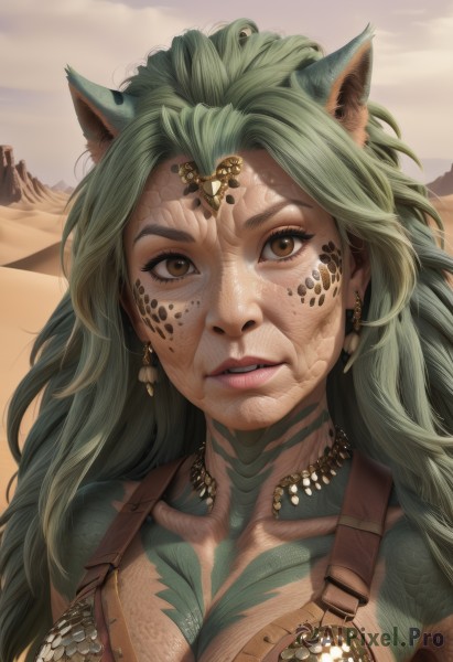 1girl,solo,long hair,breasts,looking at viewer,animal ears,cleavage,brown eyes,jewelry,collarbone,upper body,earrings,outdoors,parted lips,green hair,sky,teeth,day,artist name,cloud,necklace,armor,lips,tattoo,facial mark,slit pupils,portrait,freckles,scales,dirty,desert,medium breasts,cat ears,genderswap,genderswap (mtf),realistic