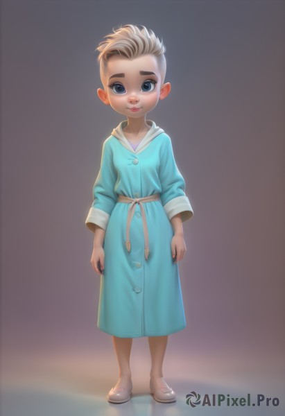 1girl,solo,looking at viewer,short hair,blue eyes,blonde hair,simple background,1boy,dress,standing,full body,male focus,shoes,lips,blue dress,child,freckles,male child,smile,brown hair,coat,aged down,robe