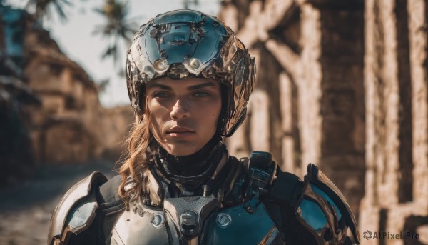 1girl,solo,long hair,looking at viewer,blue eyes,blonde hair,brown hair,closed mouth,upper body,outdoors,dark skin,medium hair,armor,blurry,dark-skinned female,lips,blurry background,helmet,shoulder armor,portrait,freckles,pauldrons,realistic,nose,power armor,science fiction