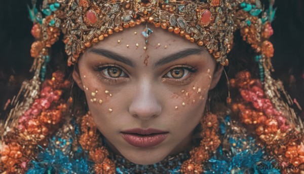 1girl,solo,long hair,looking at viewer,brown hair,black hair,hair ornament,brown eyes,jewelry,closed mouth,flower,dark skin,dark-skinned female,lips,eyelashes,makeup,crown,lipstick,black background,gem,portrait,close-up,realistic,red lips,straight-on,freckles