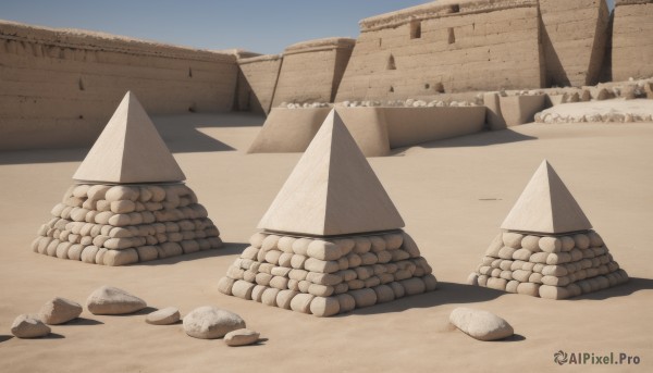 outdoors,sky,day,blue sky,no humans,shadow,building,scenery,rock,sand,desert,stone,beach,wall