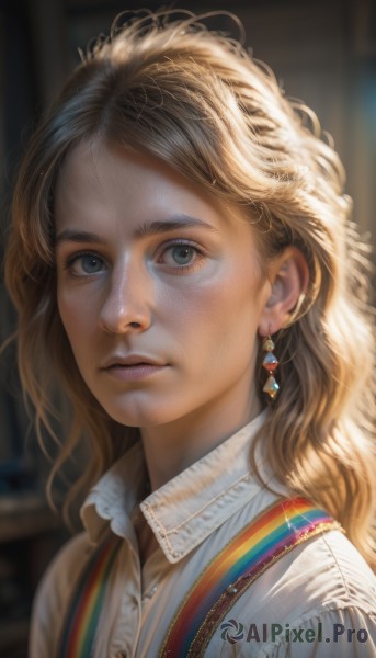 1girl,solo,long hair,looking at viewer,blue eyes,blonde hair,brown hair,shirt,jewelry,closed mouth,white shirt,upper body,earrings,collared shirt,blurry,lips,grey eyes,eyelashes,blurry background,wavy hair,suspenders,messy hair,portrait,freckles,curly hair,realistic,nose,rainbow,bangs,parted lips,artist name,depth of field,watermark,piercing,sunlight,thick eyebrows,forehead,light rays