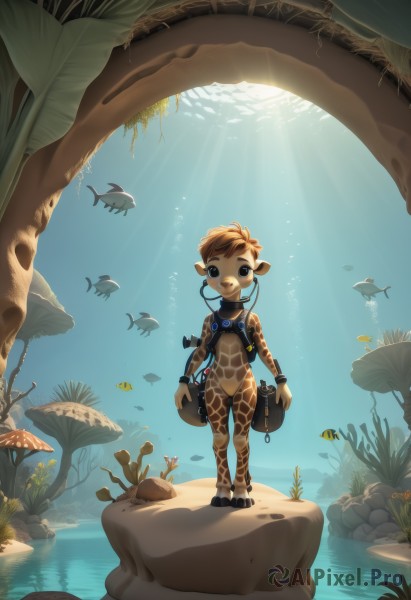 1girl,solo,looking at viewer,smile,short hair,brown hair,1boy,animal ears,brown eyes,standing,full body,male focus,outdoors,pointy ears,water,black eyes,bodysuit,animal,sunlight,plant,child,fish,walking,rock,underwater,air bubble,male child,mushroom,turtle,seaweed,open mouth,navel,headwear removed,light rays