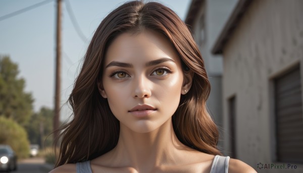 1girl,solo,long hair,looking at viewer,brown hair,brown eyes,jewelry,closed mouth,collarbone,earrings,outdoors,day,blurry,tree,lips,depth of field,blurry background,tank top,ground vehicle,building,portrait,motor vehicle,freckles,realistic,nose,car,stud earrings,bare shoulders,upper body,sky,artist name,close-up,white tank top