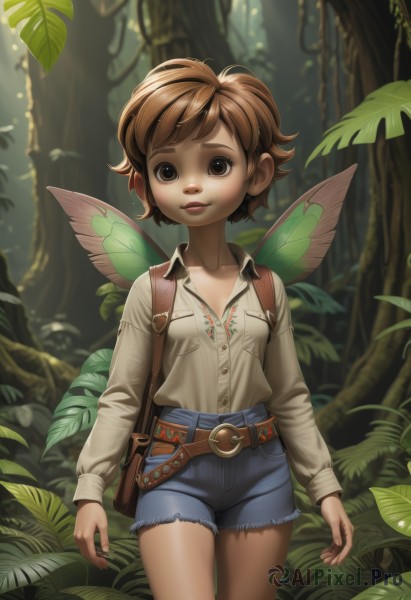 1girl,solo,breasts,looking at viewer,smile,short hair,bangs,brown hair,shirt,long sleeves,brown eyes,standing,collarbone,white shirt,cowboy shot,small breasts,outdoors,parted lips,wings,shorts,day,collared shirt,belt,bag,blurry,tree,lips,short shorts,dress shirt,buttons,depth of field,blurry background,leaf,sunlight,backpack,plant,denim,nature,buckle,forest,blue shorts,denim shorts,pocket,belt buckle,arms at sides,fairy wings,brown belt,fairy,cutoffs,brown bag,watermark,web address,minigirl,nose