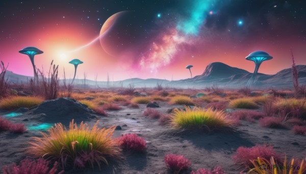 A unique view of a landscape in sunset outdoors