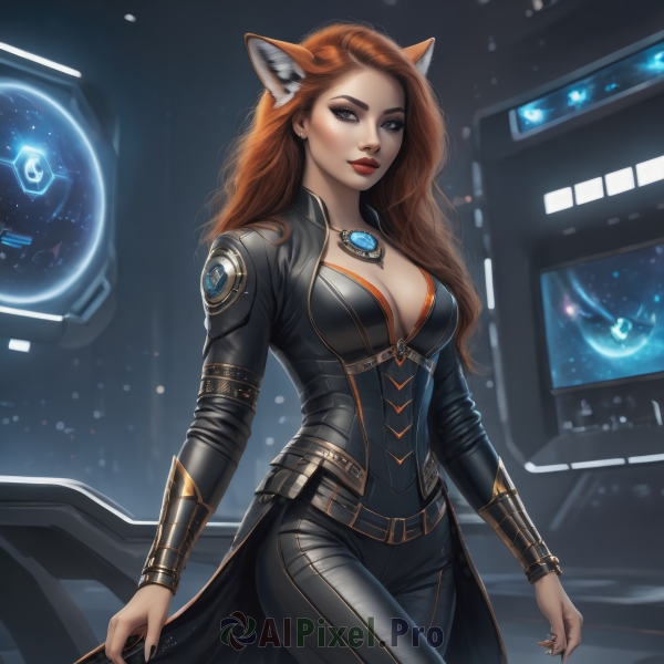 1girl,solo,long hair,breasts,looking at viewer,smile,large breasts,brown hair,long sleeves,animal ears,cleavage,brown eyes,jewelry,medium breasts,standing,cowboy shot,earrings,belt,pants,artist name,cat ears,signature,necklace,nail polish,orange hair,mole,lips,fox ears,bodysuit,makeup,wavy hair,black pants,lipstick,gem,black nails,pendant,freckles,black bodysuit,red lips,space,tail,red hair,fingernails,grey eyes,fox tail,fox girl,science fiction,realistic,sharp fingernails