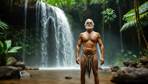 HQ,solo,looking at viewer,short hair,1boy,navel,nipples,standing,white hair,male focus,outdoors,day,water,stomach,tree,wet,muscular,facial hair,leaf,scar,abs,pectorals,plant,muscular male,nature,scenery,bara,pelvic curtain,beard,forest,large pectorals,topless male,rock,mature male,realistic,mustache,bald,old,chest hair,old man,loincloth,river,navel hair,waterfall,leg hair,tattoo