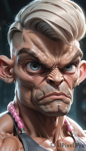 1girl,solo,looking at viewer,short hair,blue eyes,1boy,jewelry,closed mouth,collarbone,grey hair,male focus,earrings,necklace,lips,muscular,piercing,tank top,ear piercing,portrait,realistic,nose,manly,old,old man,old woman,wrinkled skin,white hair,pointy ears,v-shaped eyebrows,grey eyes,veins,serious