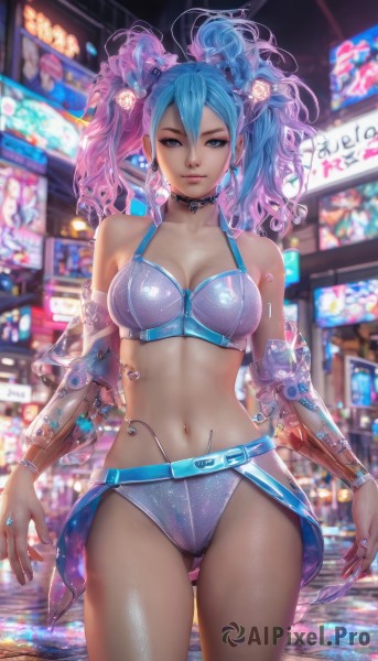 1girl,solo,long hair,breasts,looking at viewer,smile,bangs,blue eyes,skirt,hair ornament,navel,cleavage,bare shoulders,twintails,jewelry,medium breasts,underwear,blue hair,standing,swimsuit,pink hair,bikini,multicolored hair,cowboy shot,earrings,parted lips,detached sleeves,choker,midriff,water,stomach,nail polish,mole,blurry,collar,bracelet,two-tone hair,lips,fingernails,see-through,gradient hair,blurry background,ass visible through thighs,piercing,ring,realistic,nose,cyberpunk,neon lights,hair between eyes,flower,belt,artist name,hair flower,watermark,ear piercing,science fiction,shop