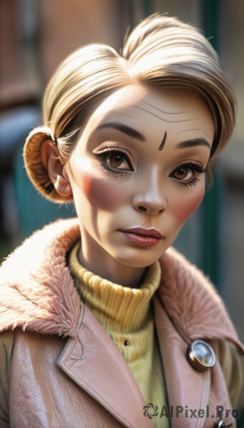 1girl,solo,looking at viewer,short hair,blonde hair,brown hair,brown eyes,jewelry,jacket,upper body,hair bun,blurry,sweater,lips,coat,fur trim,eyelashes,makeup,blurry background,turtleneck,facial mark,single hair bun,portrait,ribbed sweater,turtleneck sweater,forehead mark,realistic,nose,winter clothes,artist name,lipstick,eyeshadow,eyeliner,facepaint,mascara