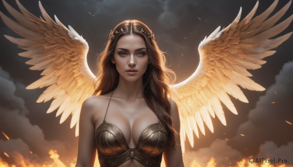 1girl,solo,long hair,breasts,looking at viewer,large breasts,brown hair,cleavage,bare shoulders,brown eyes,collarbone,upper body,parted lips,wings,sky,cloud,lips,cloudy sky,fire,feathered wings,angel wings,realistic,angel,embers,yellow wings,jewelry,medium breasts,earrings,tiara,crown,white wings,spread wings