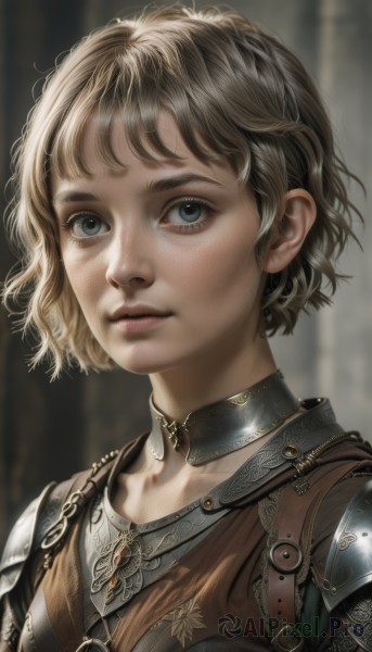 1girl,solo,looking at viewer,short hair,bangs,blue eyes,blonde hair,brown hair,closed mouth,upper body,choker,armor,blurry,lips,grey eyes,blurry background,shoulder armor,portrait,freckles,pauldrons,realistic,nose,chainmail,jewelry,collarbone,eyelashes,strap