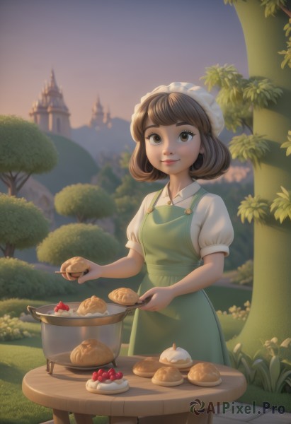 1girl,solo,looking at viewer,smile,short hair,bangs,brown hair,shirt,dress,holding,brown eyes,closed mouth,standing,white shirt,short sleeves,outdoors,food,sky,day,puffy sleeves,collared shirt,artist name,blurry,apron,tree,puffy short sleeves,lips,fruit,blurry background,bird,table,grass,building,plate,green dress,bread,castle,green apron,plant,cake,bush