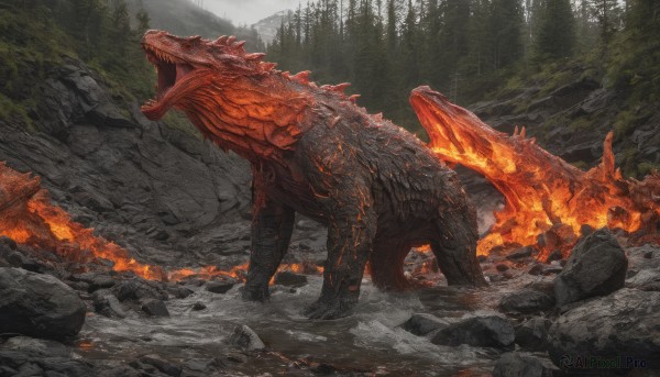 A monster in the heart of a peaceful fiery outdoors