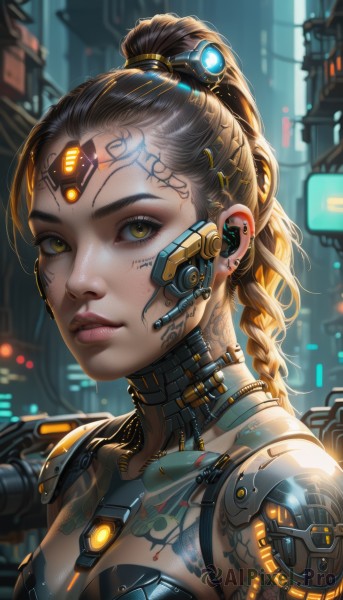 1girl,solo,long hair,breasts,looking at viewer,brown hair,brown eyes,jewelry,yellow eyes,upper body,ponytail,braid,earrings,small breasts,parted lips,blurry,lips,single braid,tattoo,blurry background,headgear,piercing,ear piercing,portrait,forehead,freckles,science fiction,nose,android,cable,mechanical arms,cyborg,hair pulled back,cyberpunk,mechanical parts,earpiece,hair ornament,outdoors,artist name,signature,eyelashes,makeup,glowing,eyeshadow,backlighting,eyeliner,mascara,neon lights