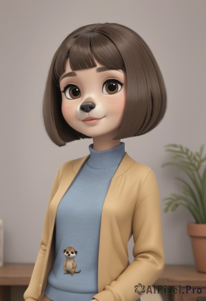 1girl,solo,looking at viewer,blush,smile,short hair,bangs,brown hair,long sleeves,animal ears,brown eyes,closed mouth,jacket,tail,upper body,open clothes,artist name,indoors,blunt bangs,blurry,sweater,lips,blurry background,turtleneck,bob cut,thick eyebrows,cardigan,plant,freckles,dog,potted plant,open cardigan,blue sweater,open jacket,yellow jacket,hamster,tanuki