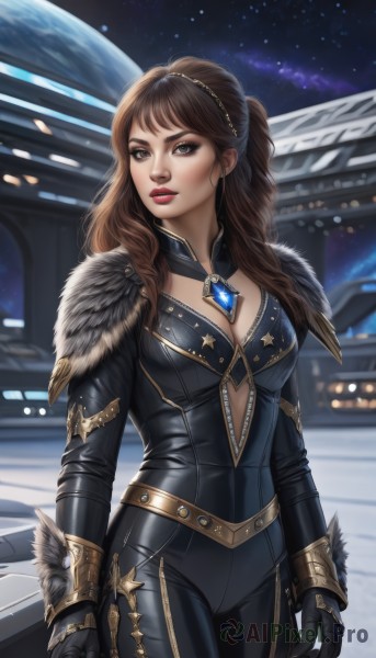 1girl,solo,long hair,breasts,looking at viewer,brown hair,gloves,cleavage,brown eyes,jewelry,medium breasts,standing,cowboy shot,hairband,parted lips,sky,black gloves,belt,artist name,lips,fur trim,bodysuit,makeup,night,blurry background,lipstick,gauntlets,gem,star (sky),skin tight,black bodysuit,red lips,space,planet,ponytail,necklace,realistic,center opening