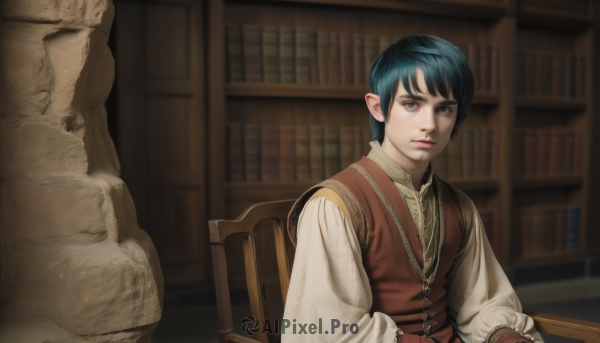 solo,looking at viewer,short hair,bangs,shirt,long sleeves,1boy,brown eyes,sitting,closed mouth,blue hair,white shirt,upper body,male focus,pointy ears,indoors,blurry,vest,lips,book,chair,realistic,bookshelf,brown vest,statue,library,blue eyes,green hair